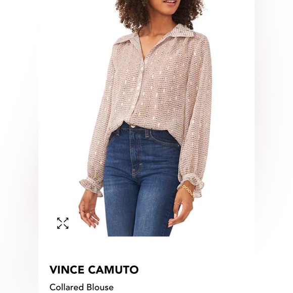 VINCE CAMUTO NWT Semi Sheer gold foil detailed button up Blouse Size: Small - Picture 4 of 11